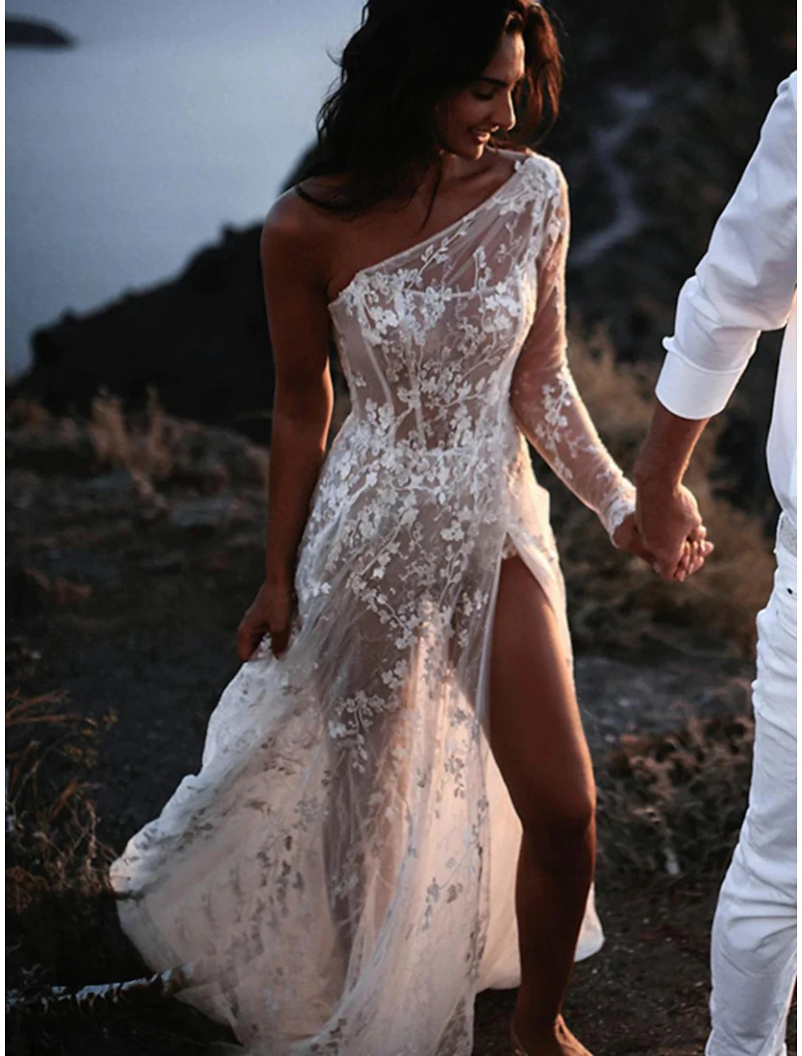 wholesale  Beach Sexy Boho Wedding Dresses A-Line One Shoulder Long Sleeve Sweep / Brush Train Lace Bridal Gowns With Split Front