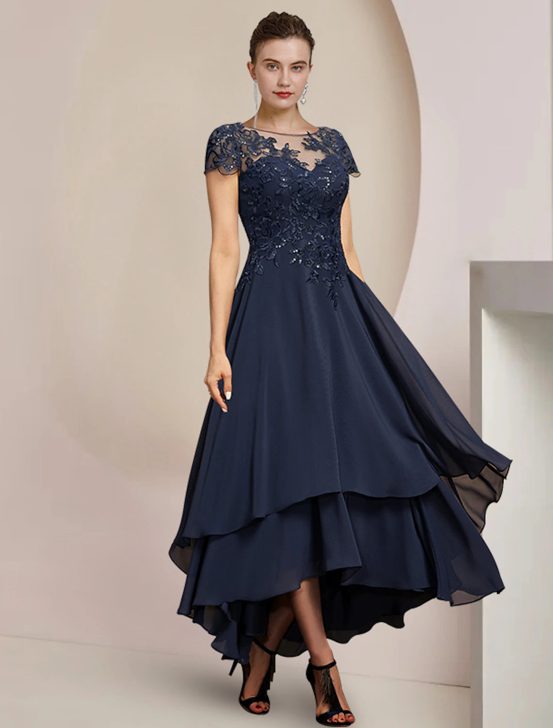 wholesale  A-Line Mother of the Bride Dress Formal Wedding Guest Elegant High Low Scoop Neck Asymmetrical Tea Length Chiffon Lace Short Sleeve with Sequin Appliques