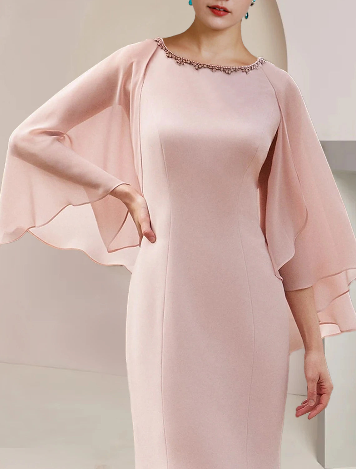 wholesale  Mermaid / Trumpet Mother of the Bride Dress Formal Wedding Guest Party Vintage Elegant Scoop Neck Asymmetrical Tea Length Chiffon Sleeveless with Beading