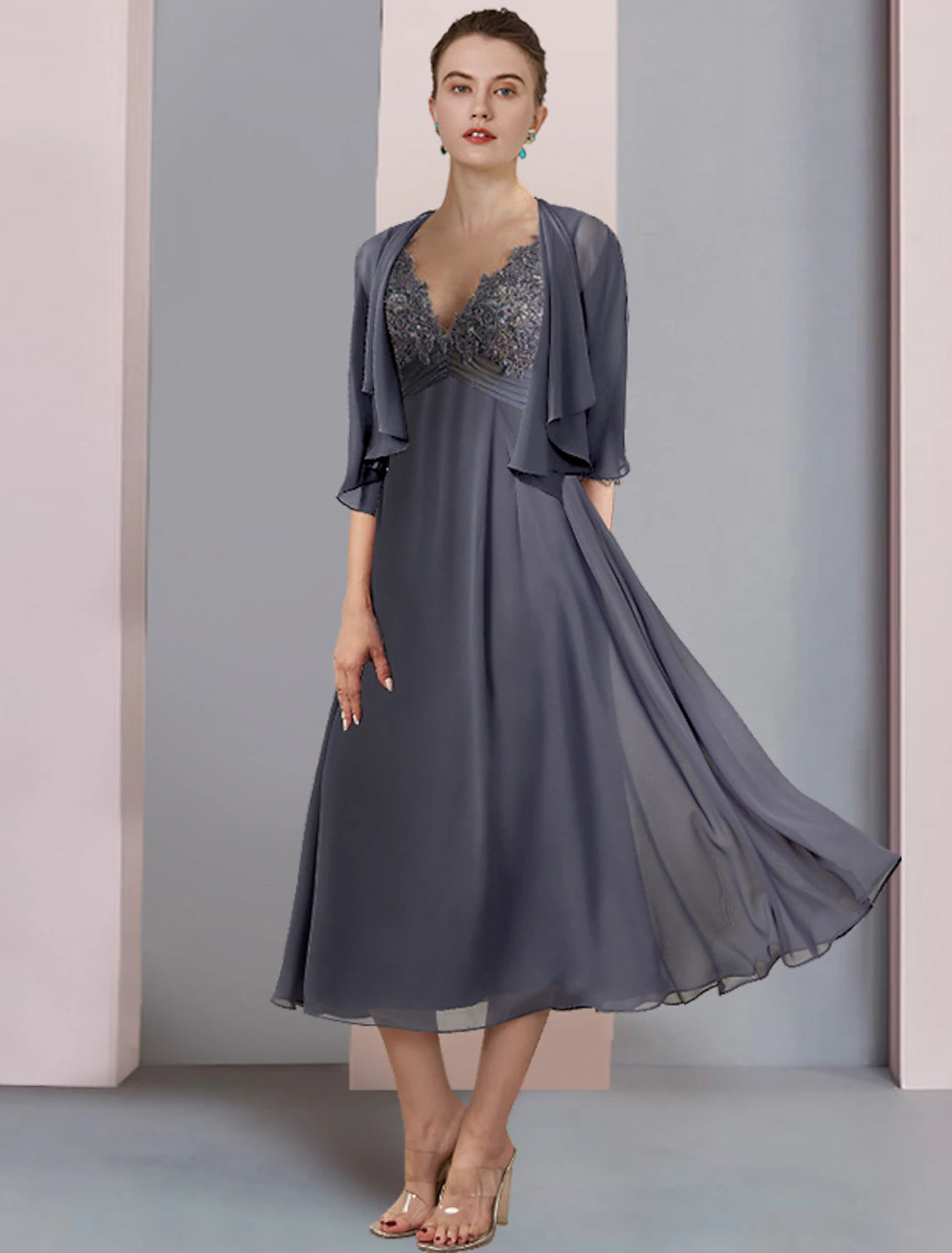 wholesale   Two Piece Mother of the Bride Dress Formal Wedding Guest Elegant V Neck Tea Length Chiffon Lace Short Sleeve Wrap Included with Ruched Appliques