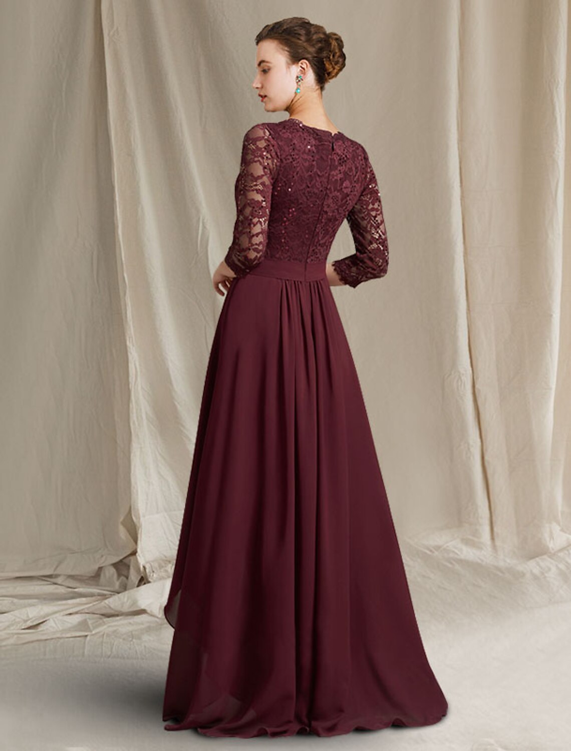 wholesale  A-Line Mother of the Bride Dress Plus Size Elegant High Low V Neck Asymmetrical Floor Length Chiffon Lace 3/4 Length Sleeve with Pleats Appliques Crystal Brooch
