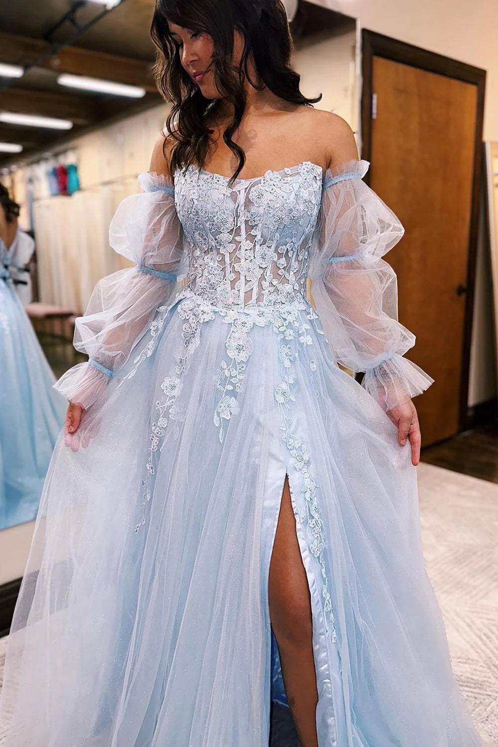 Wholesa A-line Puff Sleeves Corset Long Prom Dress with Lace