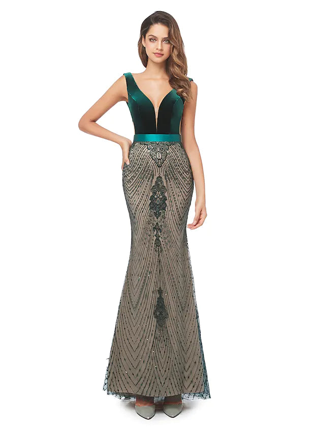 Wholesa Mermaid / Trumpet Luxurious Wedding Guest Formal Evening Dress V Neck Backless Sleeveless Sweep / Brush Train Velvet with Beading