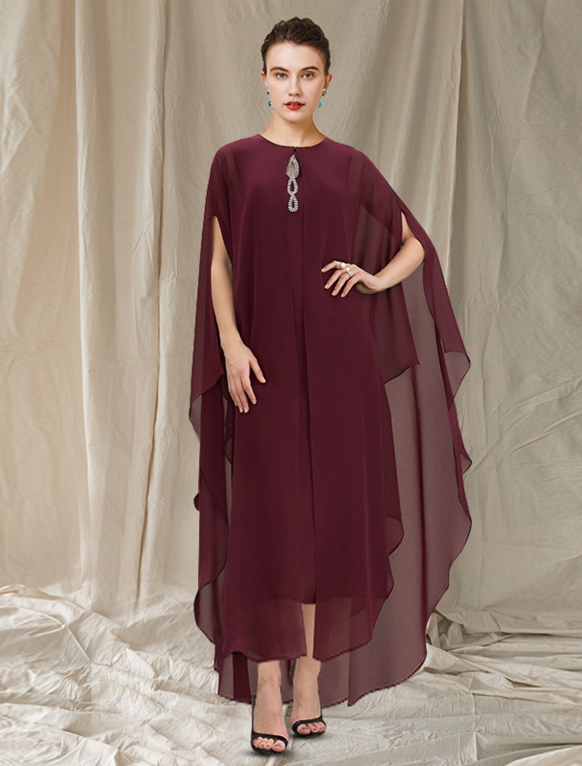 wholesale  Two Piece Sheath / Column Mother of the Bride Dress Elegant Jewel Neck Tea Length Chiffon Sleeveless with Beading