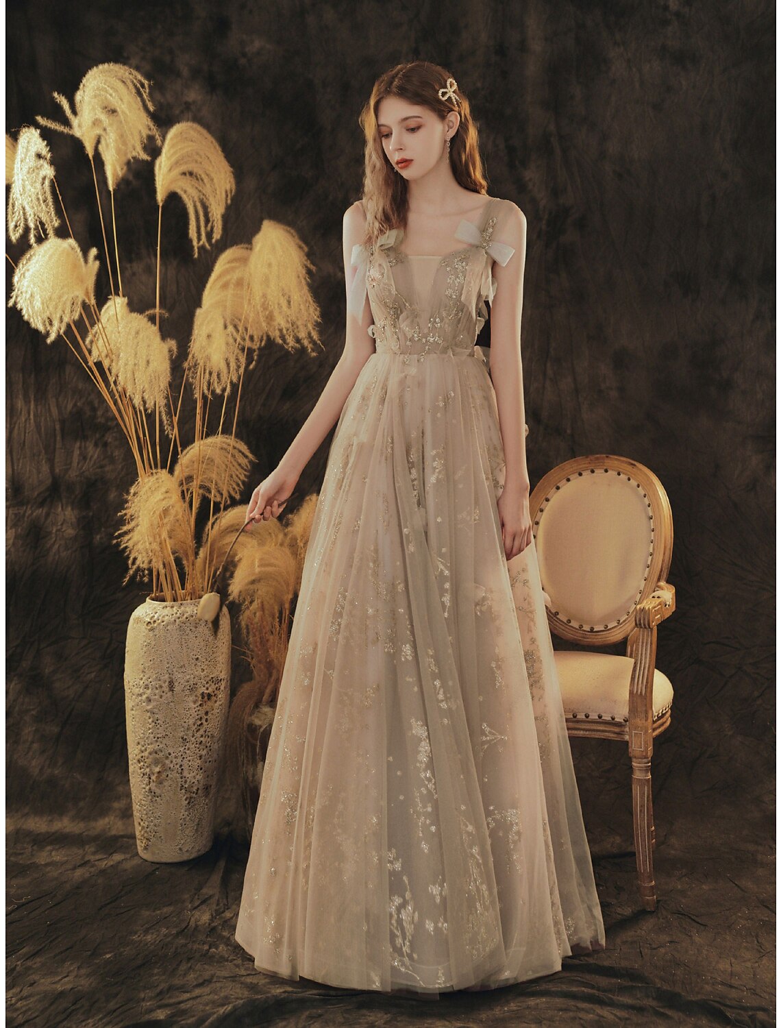 Wholesa A-Line Elegant Floral Engagement Formal Evening Dress Scoop Neck Sleeveless Floor Length Tulle with Bow(s) Pleats