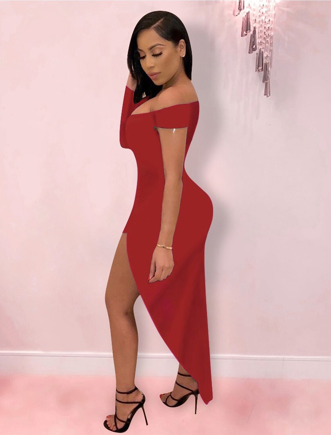 wholesa Hot Sexy Holiday Party Wear Club Dress High Slit V Neck off Shoulder Long Sleeve Bodycon Asymmetrical Spandex with Sleek