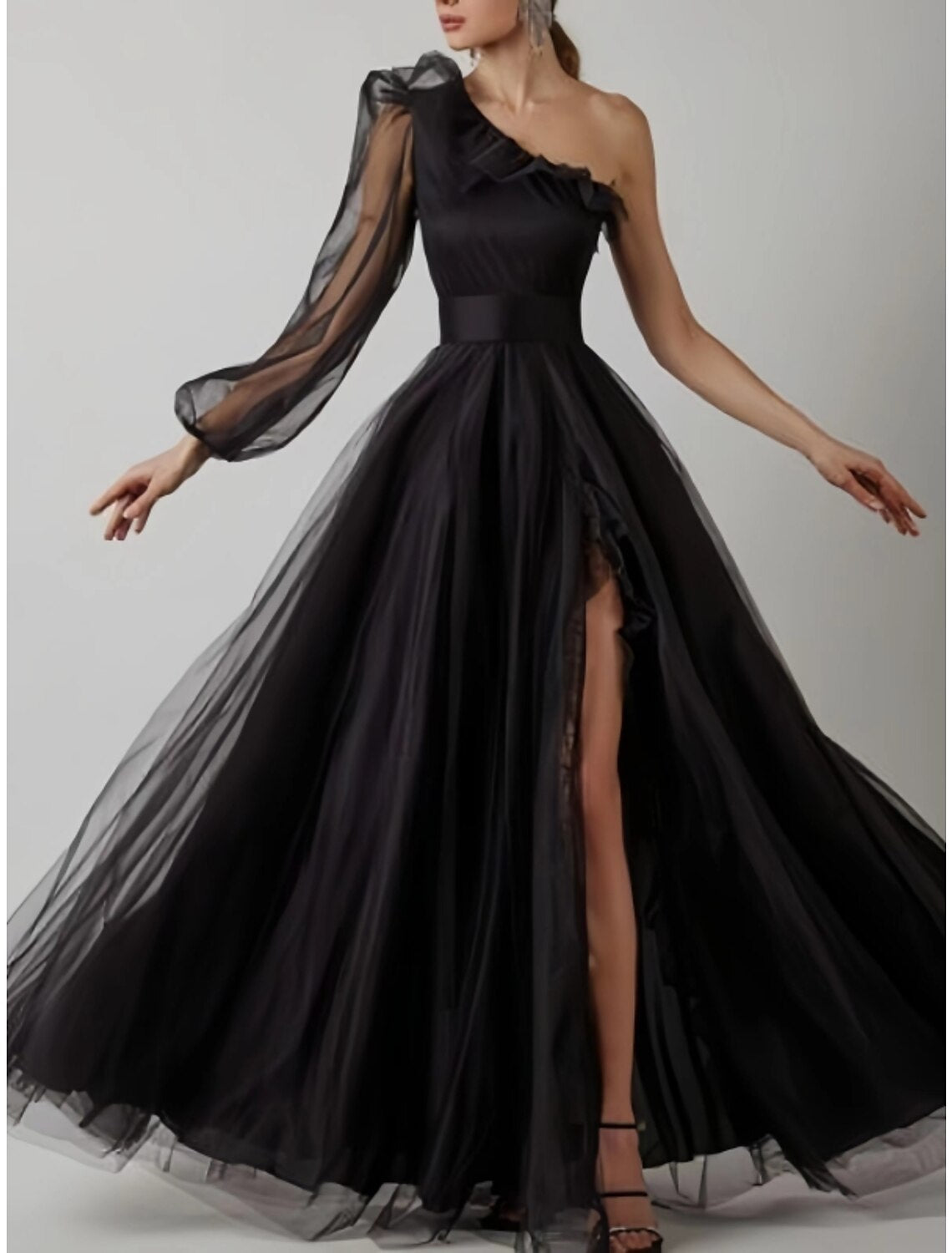 Wholesa  Sheath Prom Dress Elegant Black Dress Plus Size Evening Birthday Floor Length Long Sleeve One Shoulder Tulle with Pleats Ruffles Slit