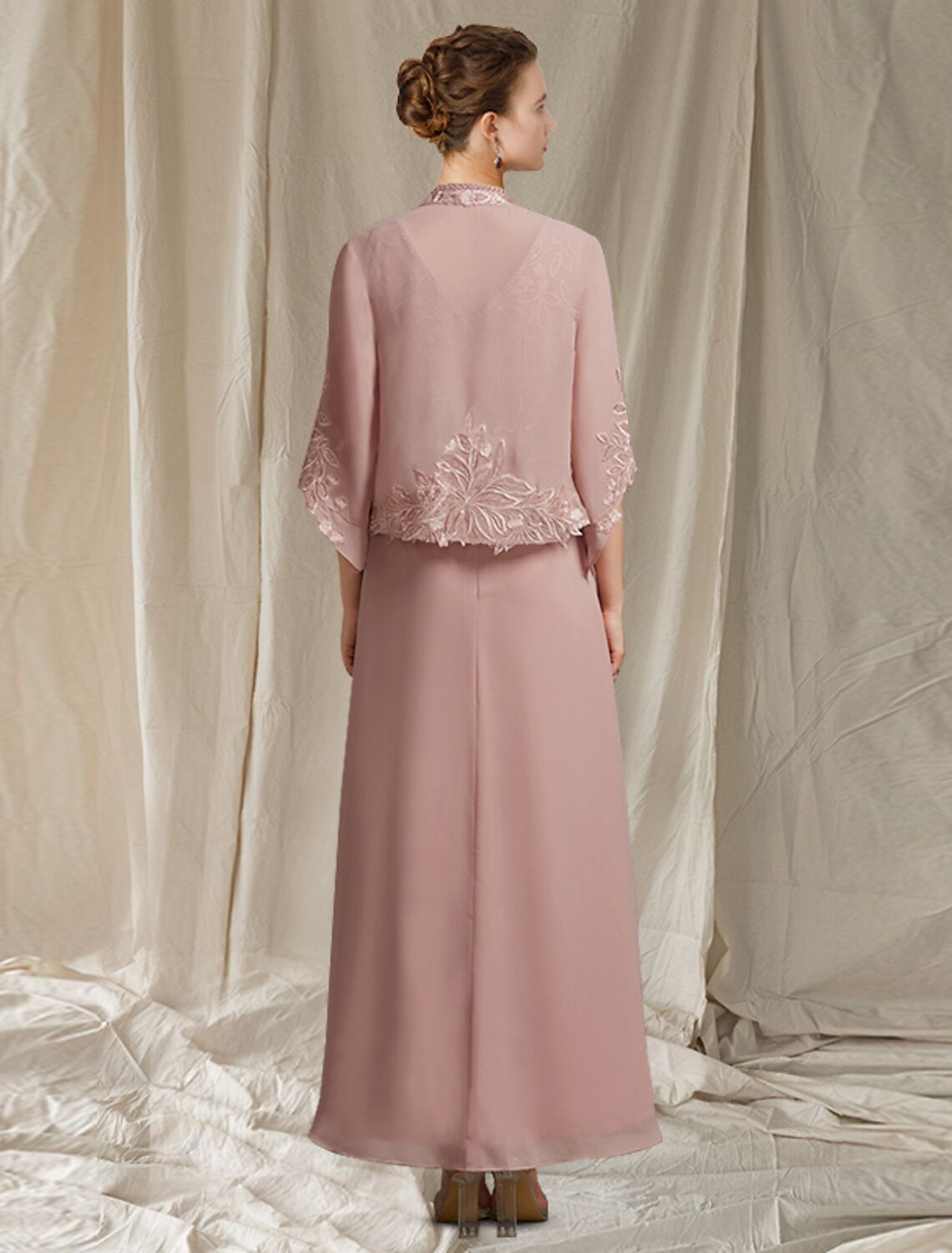 wholesale  Two Piece Sheath / Column Mother of the Bride Dress Elegant V Neck Ankle Length Chiffon Lace Sleeveless Wrap Included with Beading Appliques