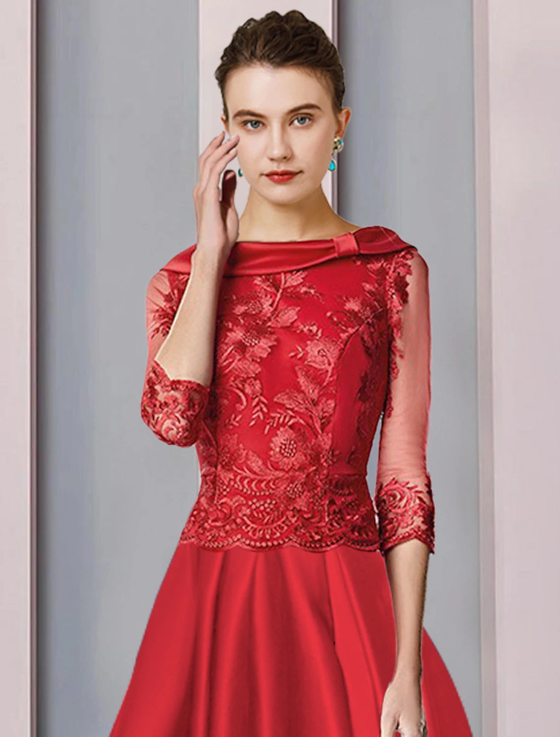 wholesale  A-Line Mother of the Bride Dress Formal Wedding Guest Elegant High Low Scoop Neck Asymmetrical Tea Length Satin Lace 3/4 Length Sleeve with Appliques Ruching