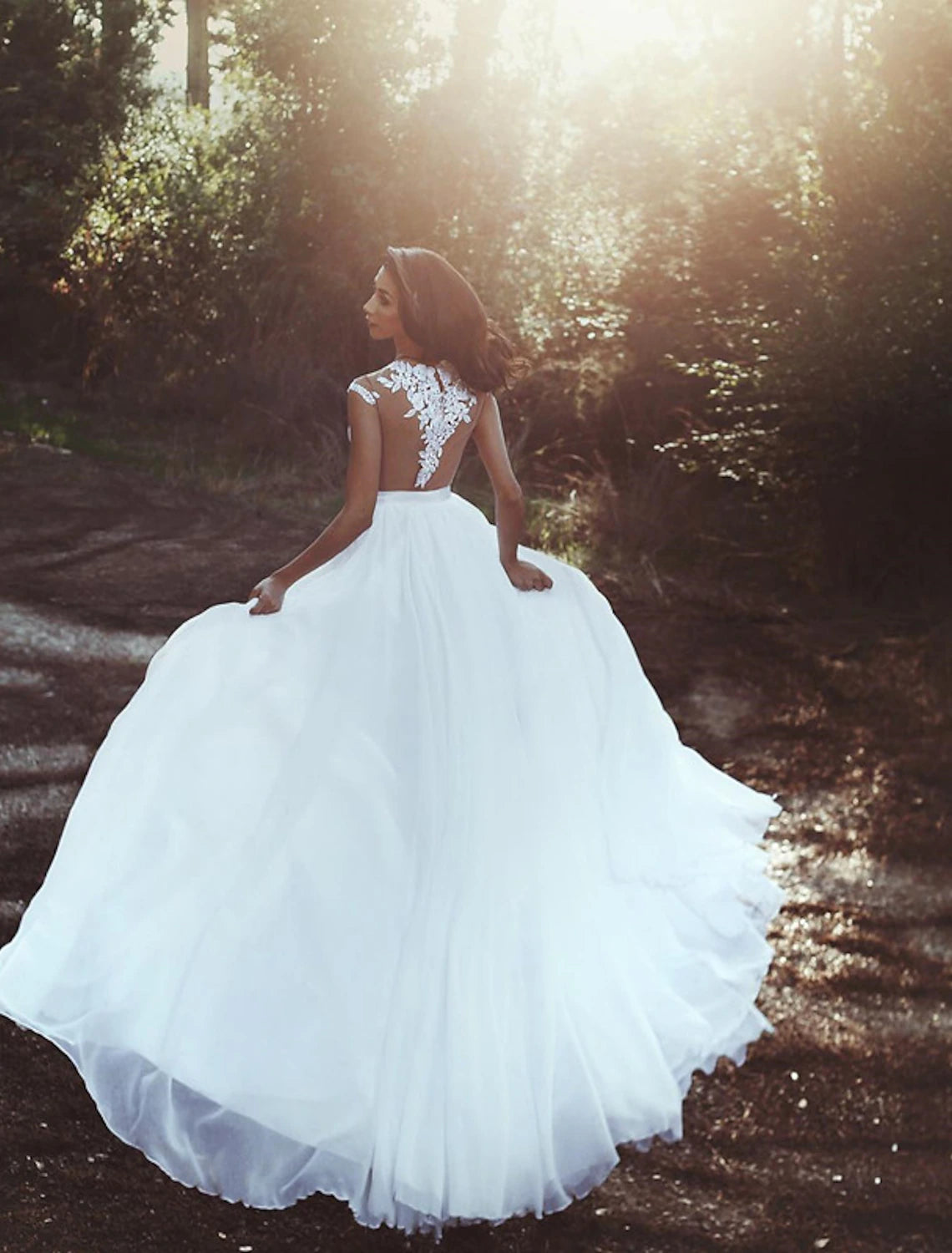 wholesale  Beach Open Back Wedding Dresses A-Line Illusion Neck Cap Sleeve Court Train Chiffon Bridal Gowns With Pleats Split Front