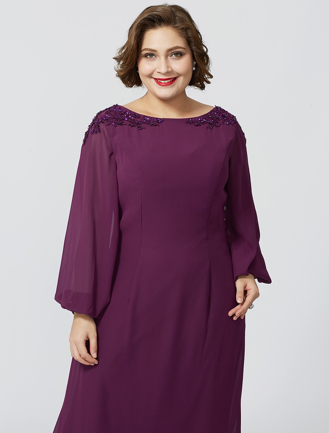wholesale  Sheath / Column Mother of the Bride Dress Formal Classic & Timeless Elegant & Luxurious Plus Size Bateau Neck Floor Length Chiffon Long Sleeve No with Beading Appliques