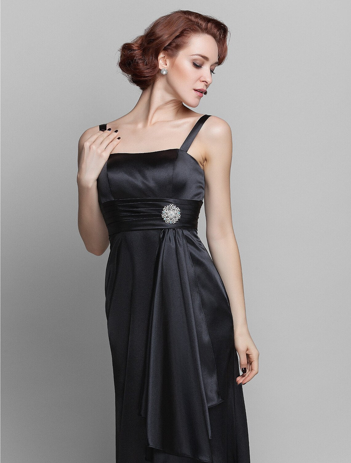 wholesale  Sheath / Column Mother of the Bride Dress Wrap Included Spaghetti Strap Floor Length Stretch Satin Short Sleeve with Ruched Tassel Crystal Brooch