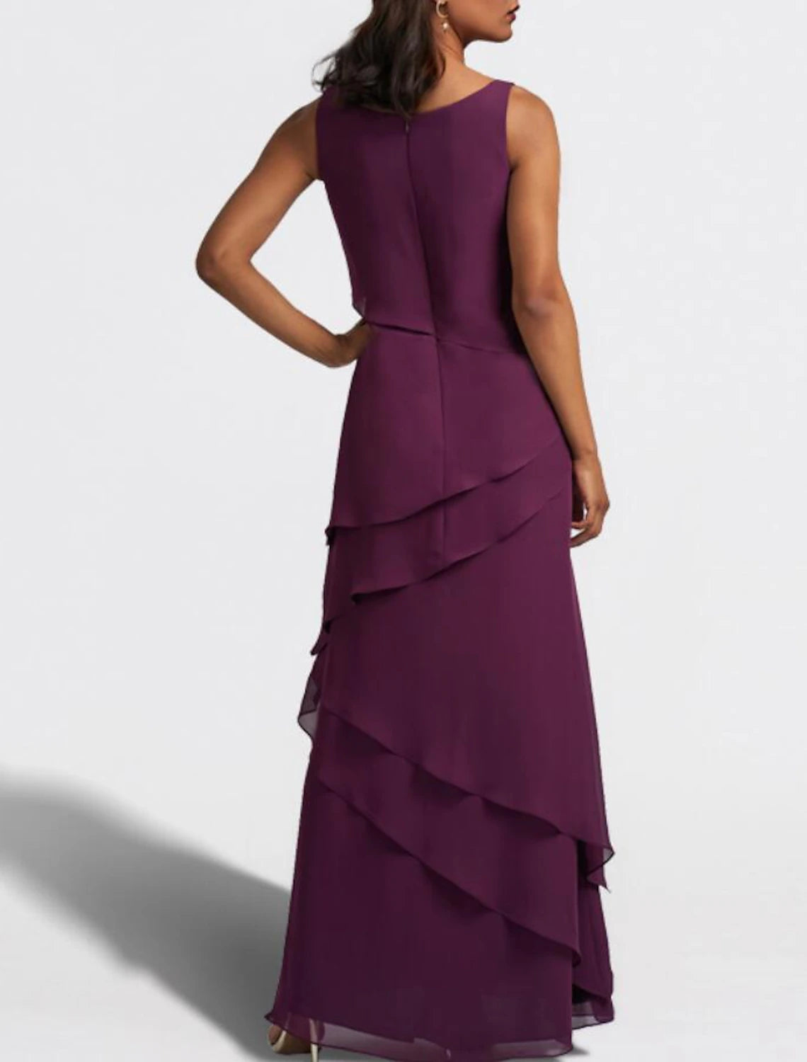 Wholesa Two Piece A-Line Mother of the Bride Dress Wedding Guest Elegant Jewel Neck Floor Length Chiffon Sleeveless Wrap Included with Cascading Ruffles Solid Color
