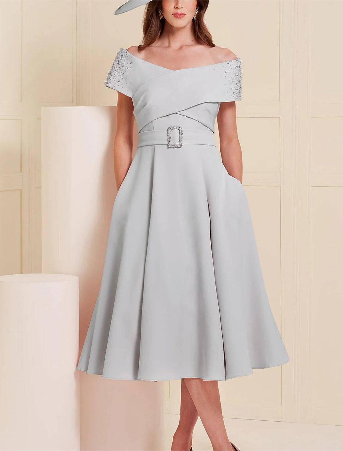 Wholesa  A-Line Mother of the Bride Dress Wedding Guest Elegant Off Shoulder Tea Length Stretch Fabric Short Sleeve with Sash / Ribbon Beading Solid Color