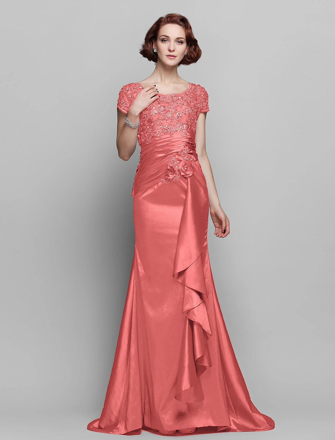 wholesale  Mermaid / Trumpet Mother of the Bride Dress See Through Scoop Neck Sweep / Brush Train Taffeta Beaded Lace Short Sleeve with Flower