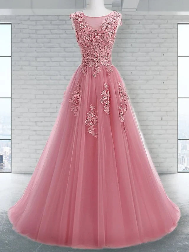 Wholesa A-Line Prom Dresses Elegant Dress Wedding Guest Sweep / Brush Train Sleeveless Jewel Neck Tulle with Appliques