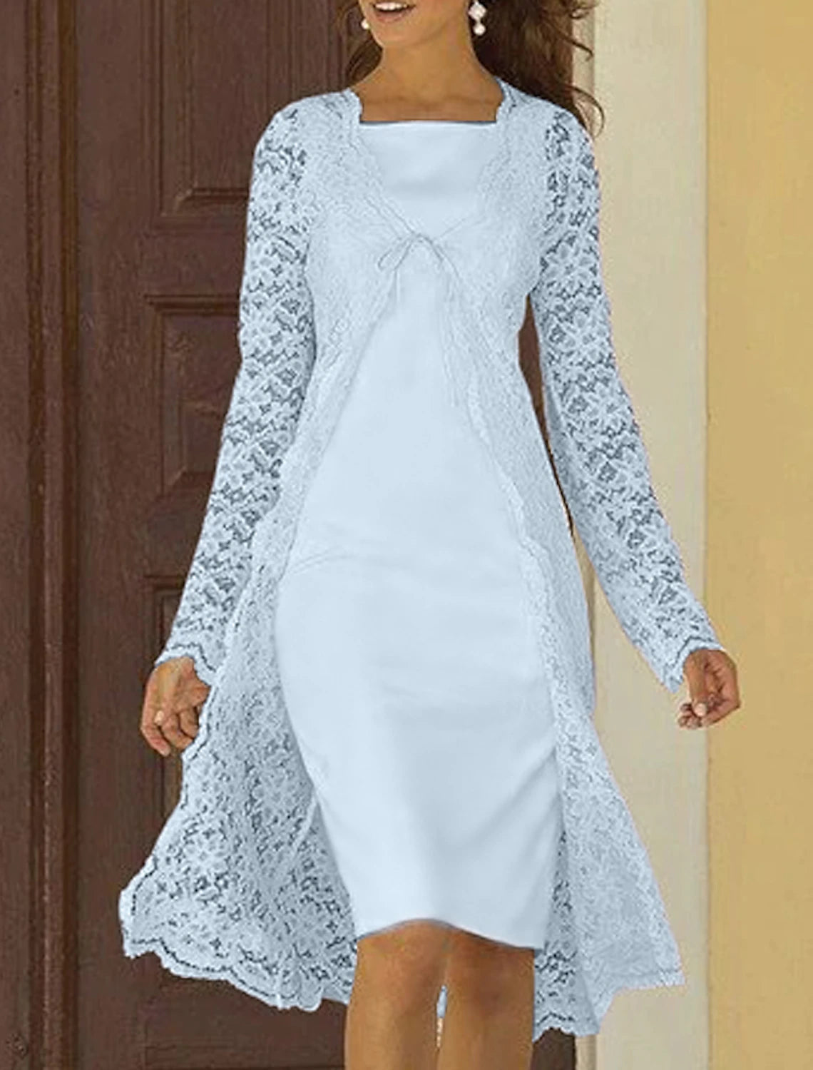 Wholesa Two Piece Sheath / Column Mother of the Bride Dress Wedding Guest Church Elegant Square Neck Knee Length Chiffon Lace Sleeveless Jacket Dresses with Solid Color