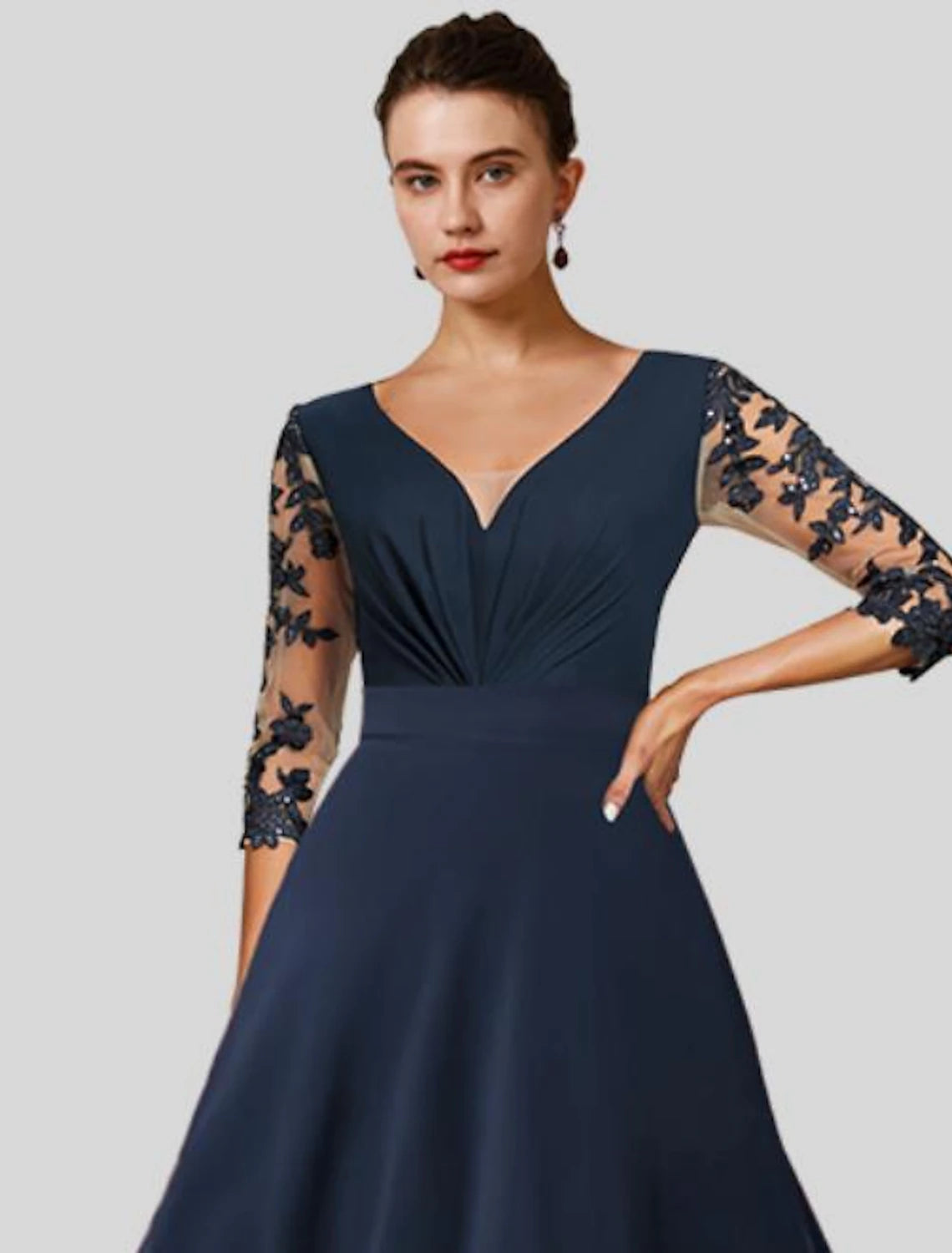 wholesale  A-Line Mother of the Bride Dress Wedding Guest Elegant High Low V Neck Asymmetrical Tea Length Chiffon Lace 3/4 Length Sleeve with Appliques