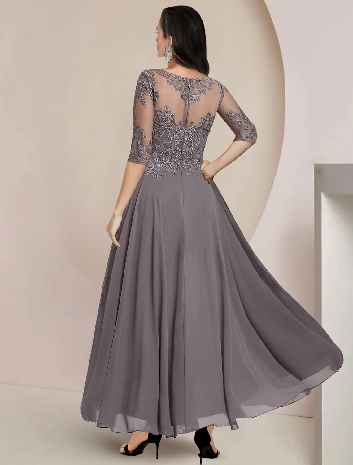wholesale  A-Line Mother of the Bride Dress Formal Wedding Guest Elegant High Low Scoop Neck Asymmetrical Tea Length Chiffon Lace Half Sleeve with Pleats Appliques
