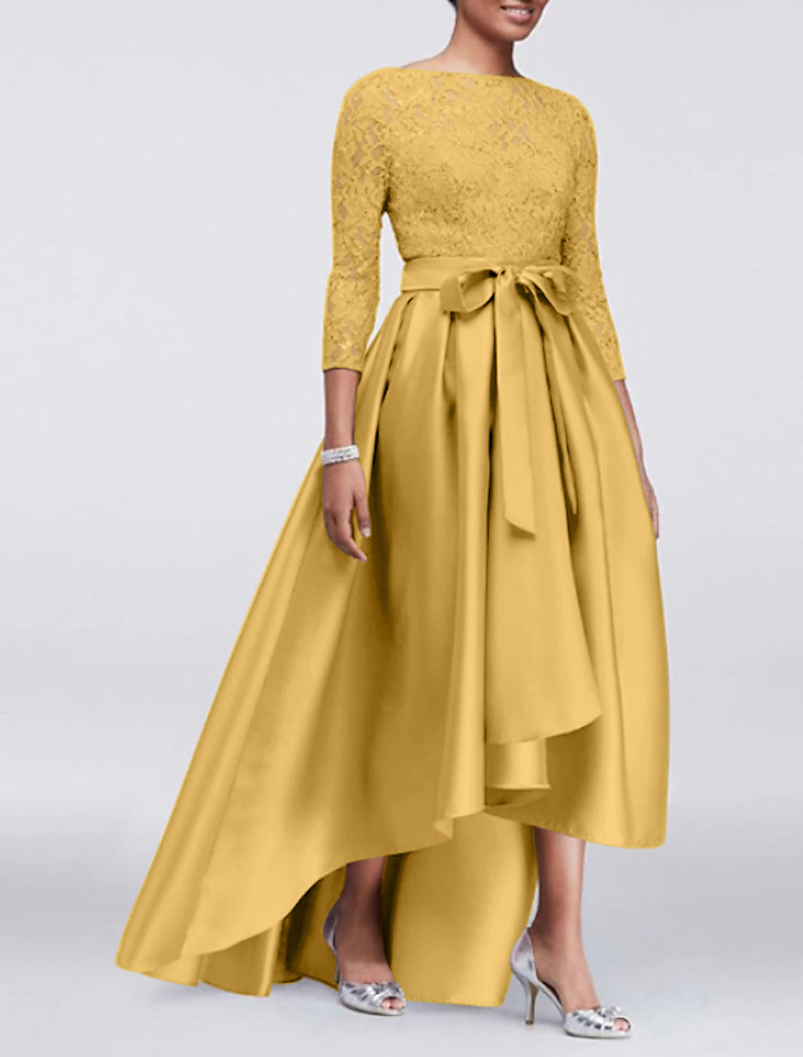Wholesa A-Line Mother of the Bride Dress Wedding Guest Elegant Plus Size High Low Jewel Neck Asymmetrical Satin Lace 3/4 Length Sleeve with Sash / Ribbon Appliques