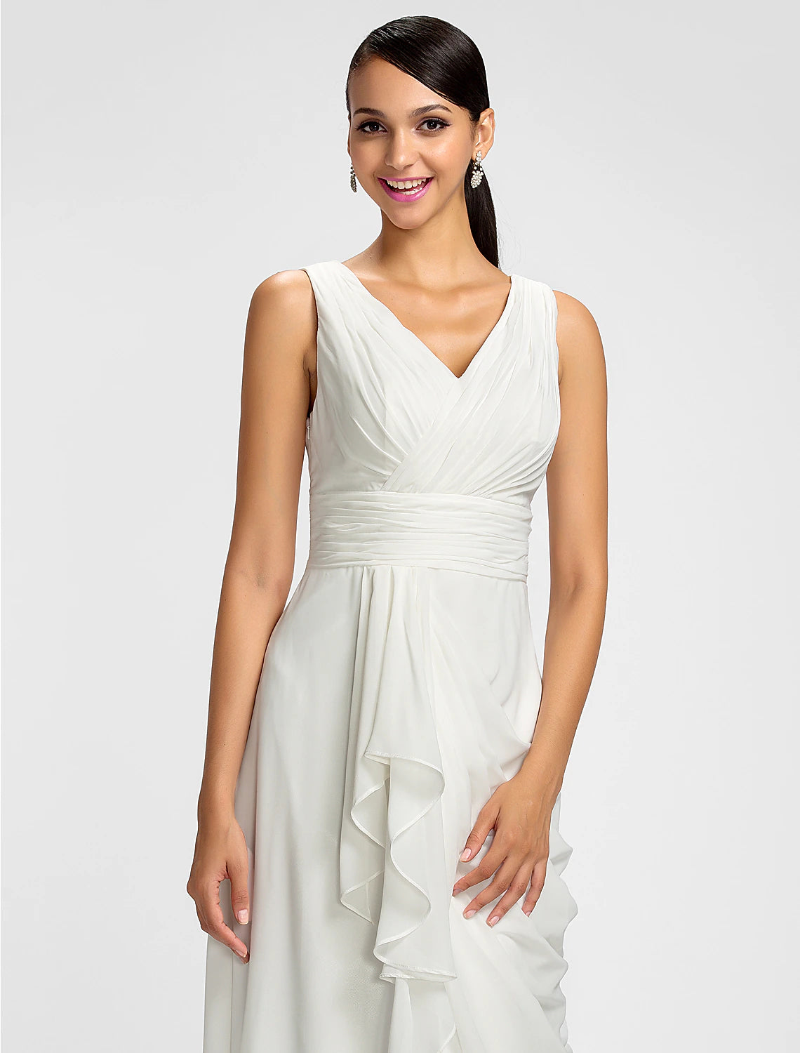 Wholesa Sheath / Column V Neck Floor Length Chiffon Bridesmaid Dress with Draping / Sash / Ribbon / Side Draping