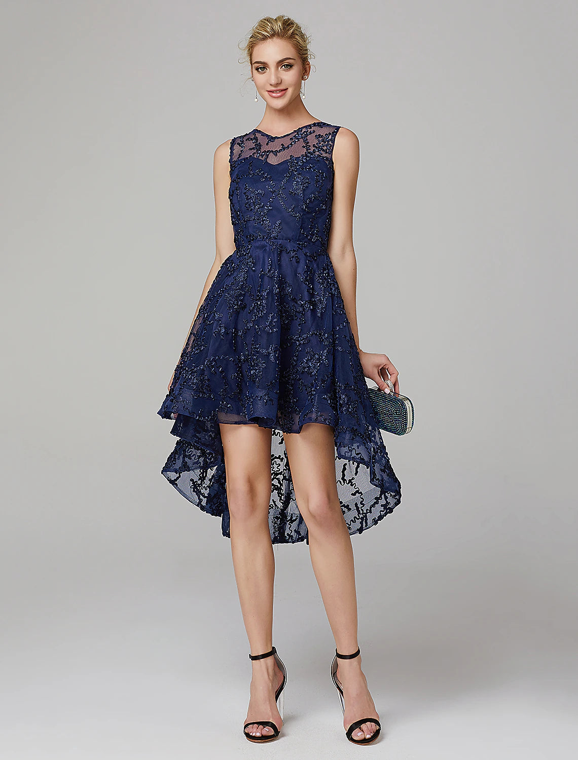 wholesa A-Line Hot Dress Wedding Guest Cocktail Party Asymmetrical Sleeveless Illusion Neck Tulle with Appliques