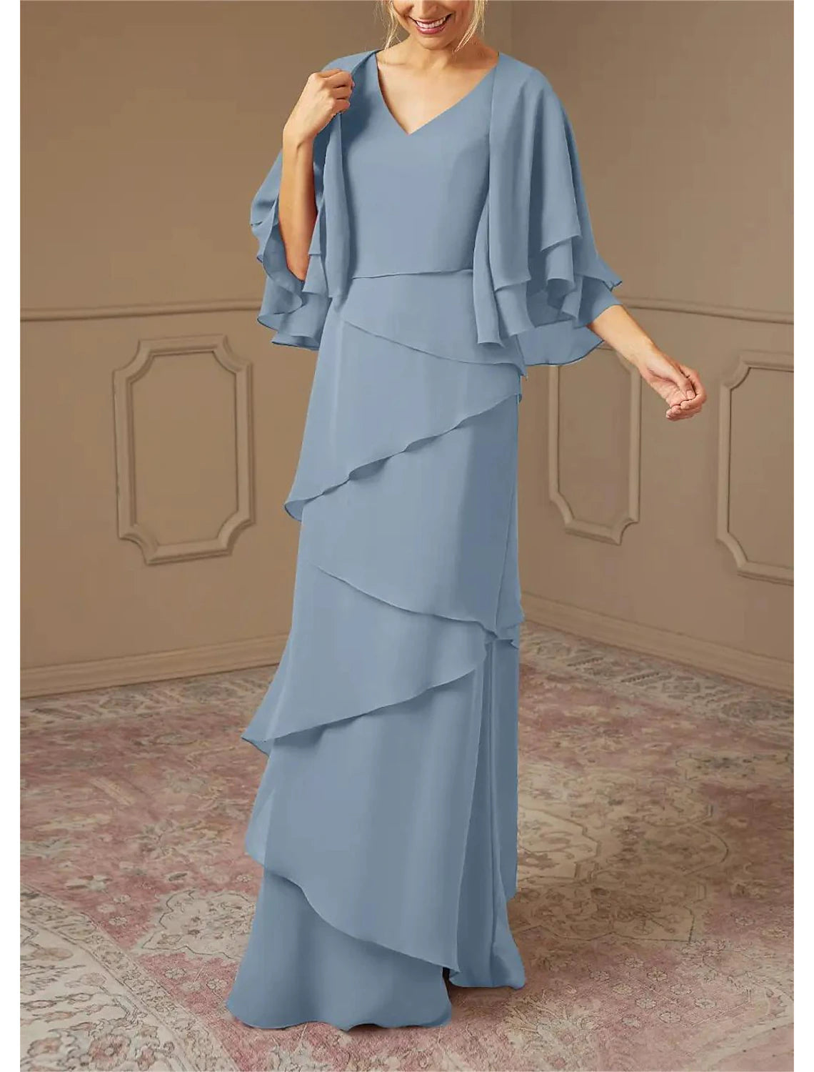 Wholesa  A-Line Mother of the Bride Dress Formal Wedding Guest Elegant V Neck Floor Length Chiffon Half Sleeve Wrap Included with Cascading Ruffles Solid Color