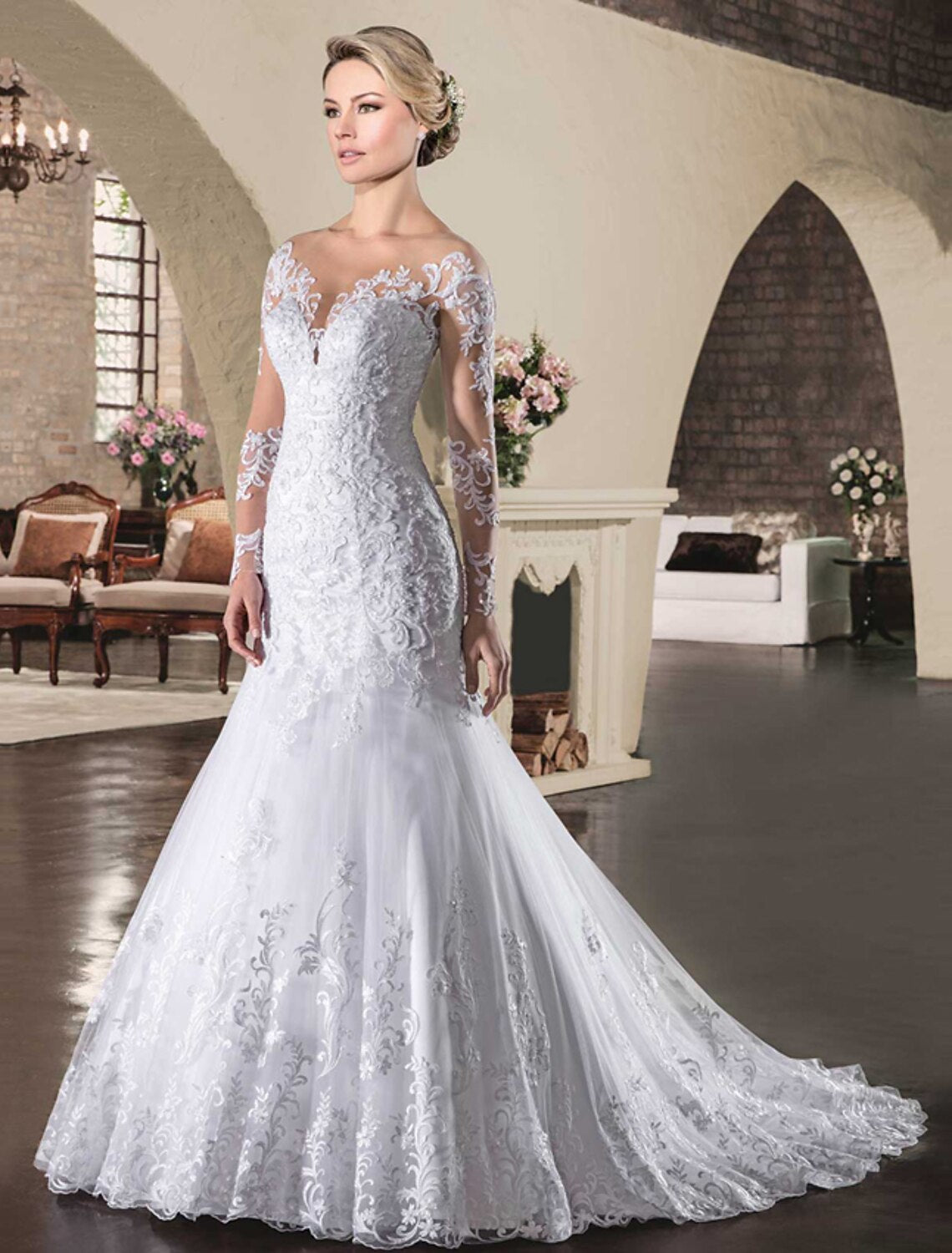 wholesale  White  Engagement Open Back Formal Fall Wedding Dresses Mermaid / Trumpet Illusion Neck Long Sleeve Court Train Lace Bridal Gowns With Appliques