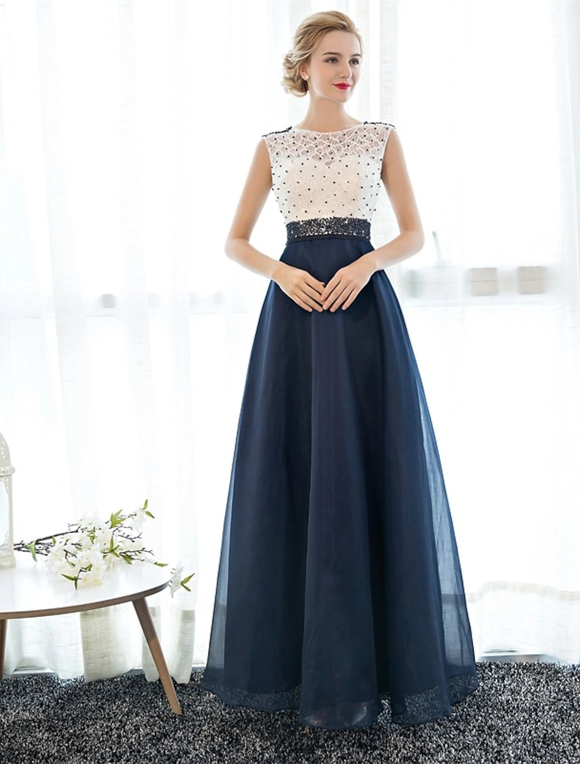 Wholesa A-Line Beautiful Back Elegant Beaded & Sequin Prom Formal Evening Dress Illusion Neck Sleeveless Floor Length Tulle Over Lace with Beading