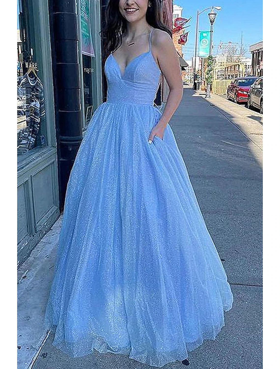 wholesale  Ball Gown A-Line Prom Dresses Sparkle & Shine Dress Formal Prom Floor Length Sleeveless V Neck Tulle Backless with Pleats