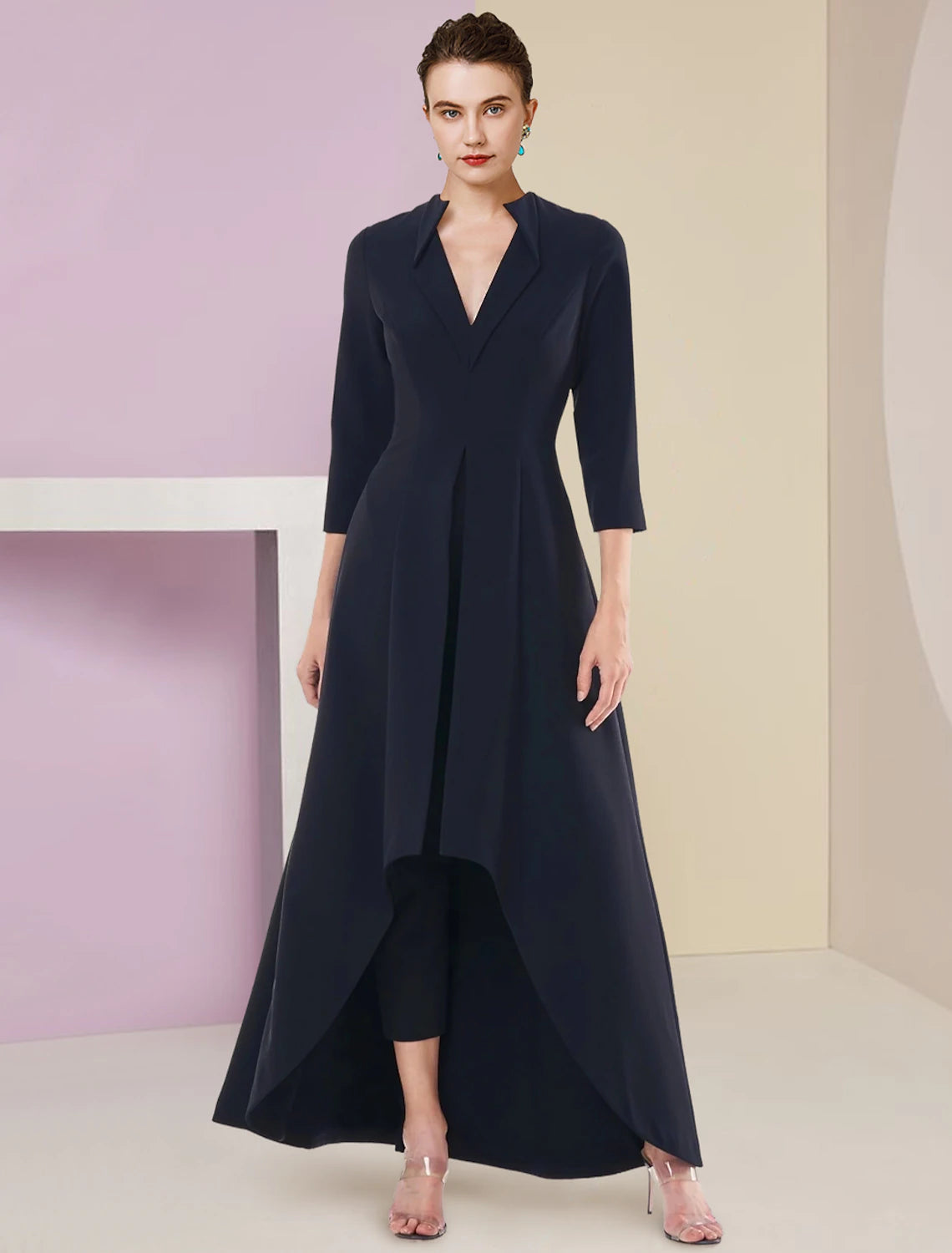 Wholesa  Jumpsuit / Pantsuit Mother of the Bride Dress Formal Wedding Guest Elegant High Low V Neck Asymmetrical Tea Length Stretch Fabric 3/4 Length Sleeve with Pleats