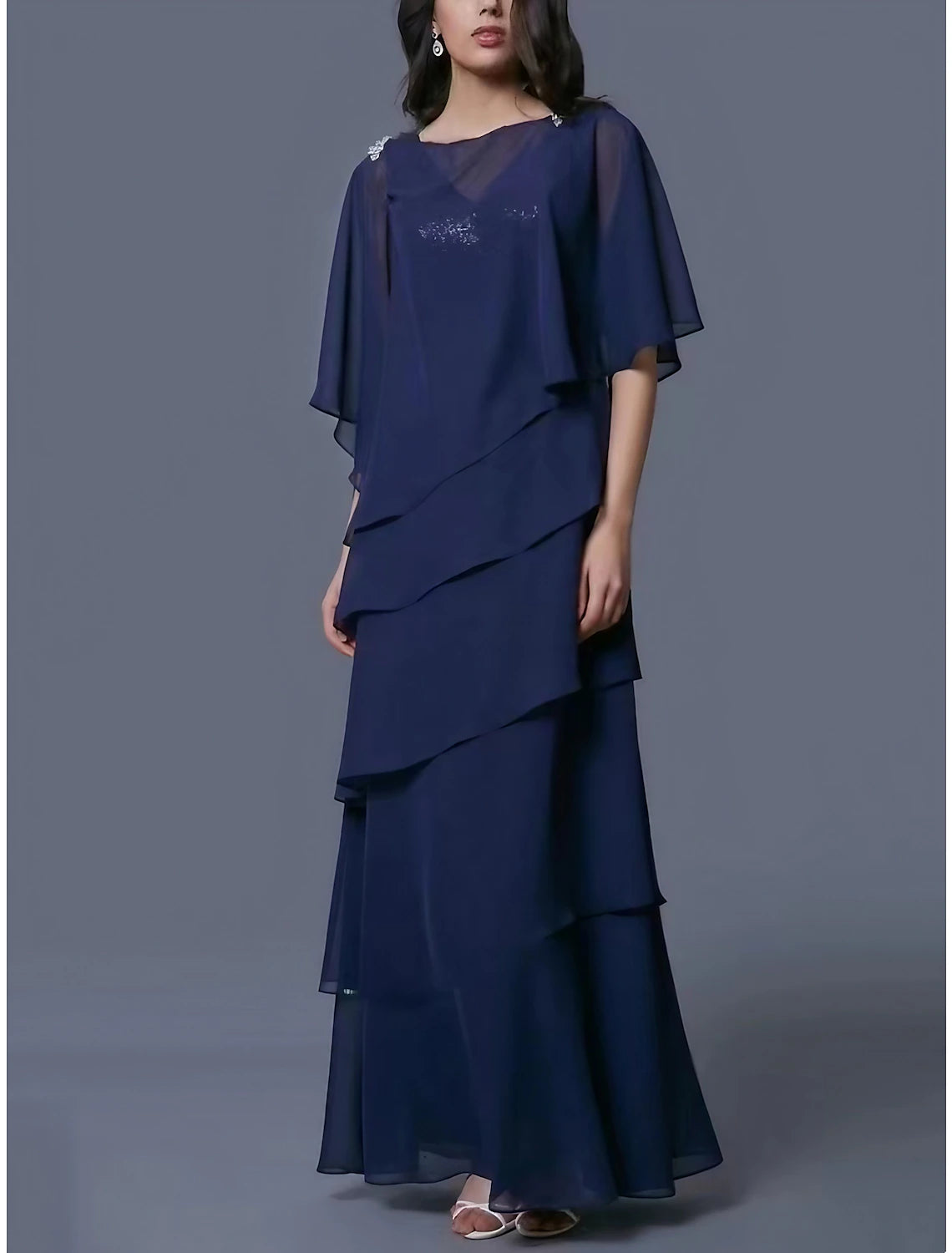 Wholesa Sheath / Column Mother of the Bride Dress Wedding Guest Elegant Scoop Neck Ankle Length Chiffon Half Sleeve with Sequin Tier