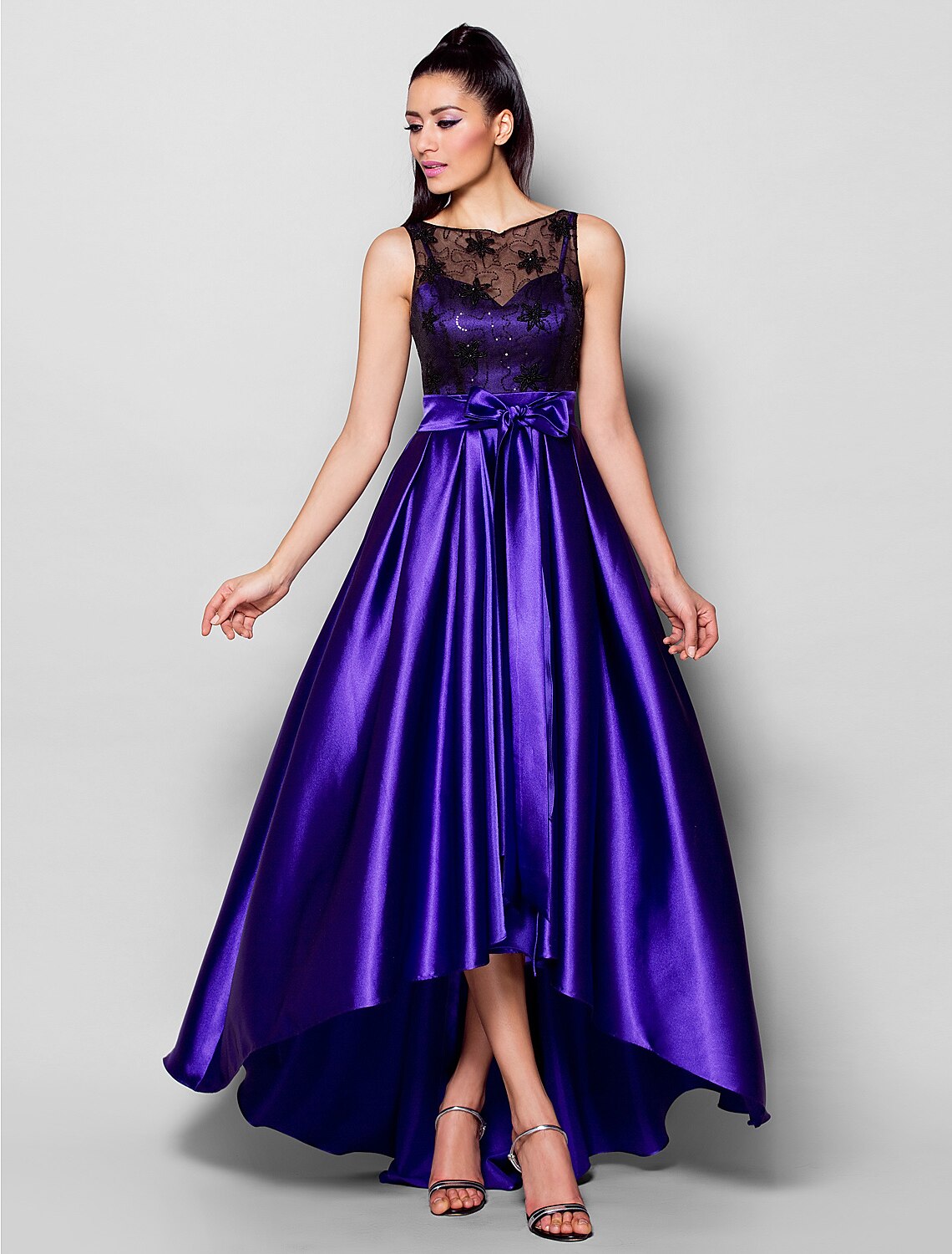 Wholesa A-Line Open Back See Through Formal Evening Dress Illusion Neck Sleeveless Asymmetrical Stretch Satin with Lace Sash / Ribbon Bow(s)