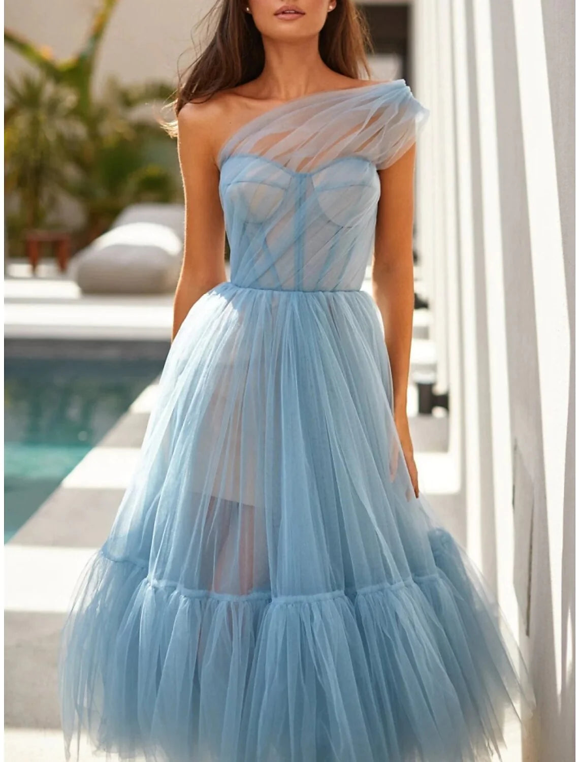 Wholesa A-Line Prom Dresses Elegant Dress Formal Tea Length Sleeveless One Shoulder Tulle with Pleats
