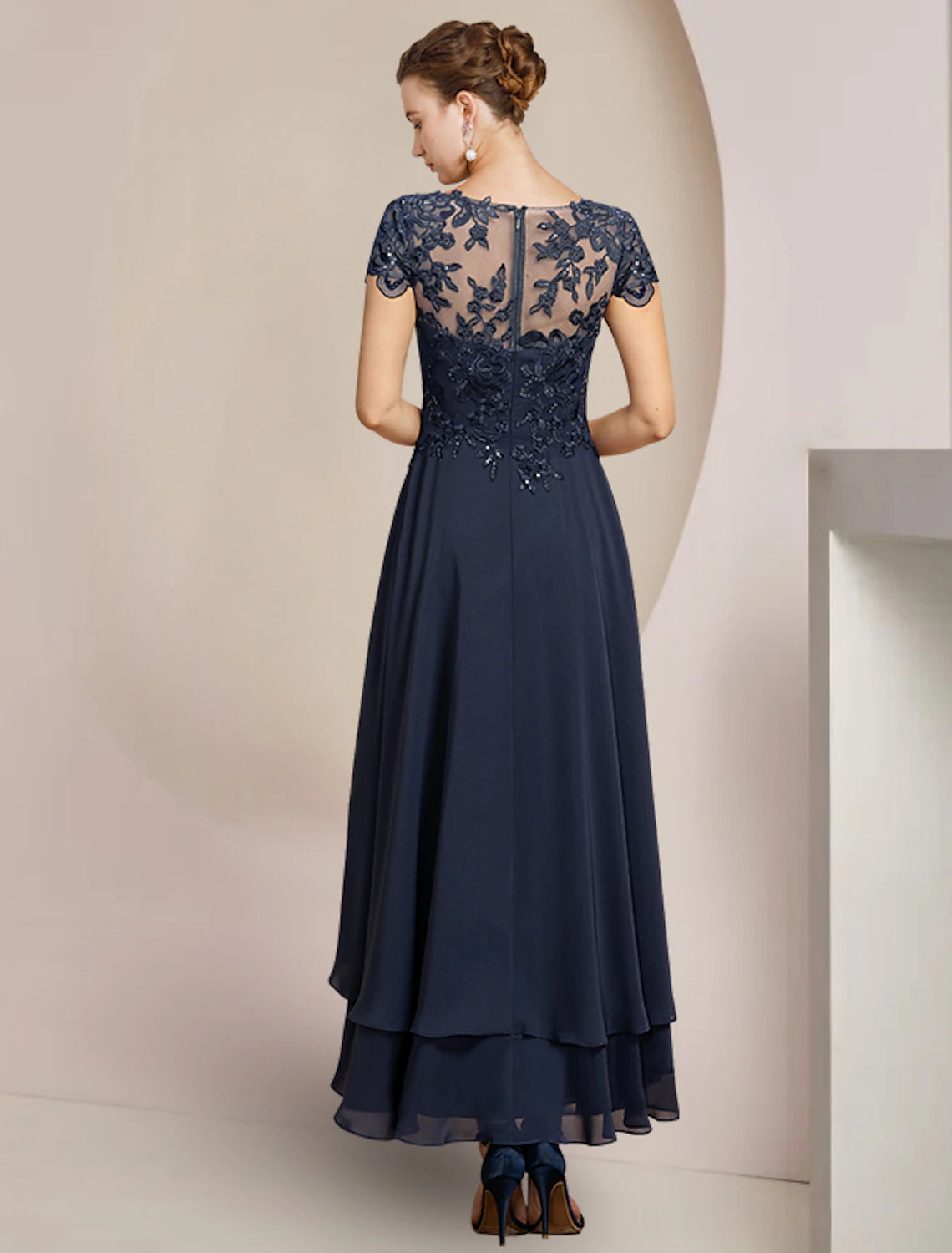 wholesale  A-Line Mother of the Bride Dress Formal Wedding Guest Elegant High Low Scoop Neck Asymmetrical Tea Length Chiffon Lace Short Sleeve with Sequin Appliques