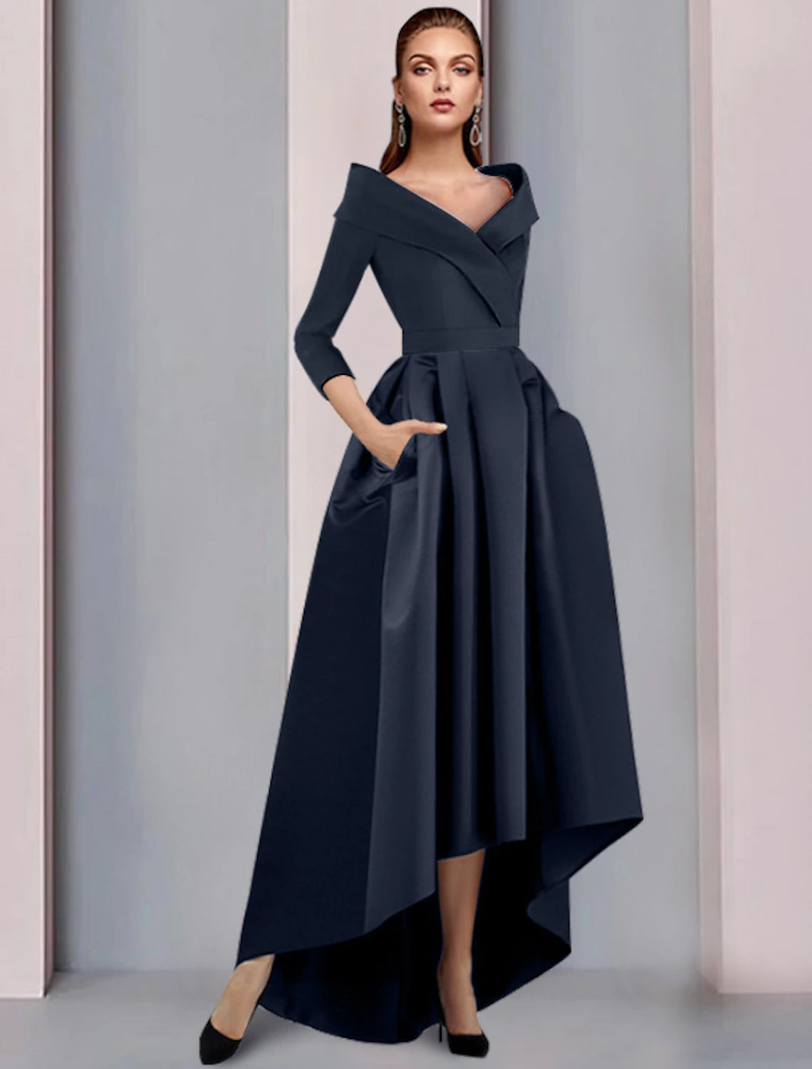 wholesale  A-Line Mother of the Bride Dress Wedding Guest Elegant High Low Sweet Spaghetti Strap Asymmetrical Tea Length Satin 3/4 Length Sleeve with Pleats Fall