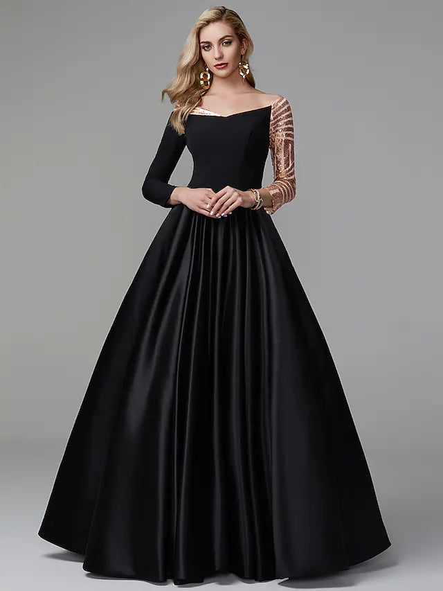 Wholesa Ball Gown Sparkle Quinceanera Formal Evening Dress Off Shoulder Long Sleeve Floor Length Satin with Sequin
