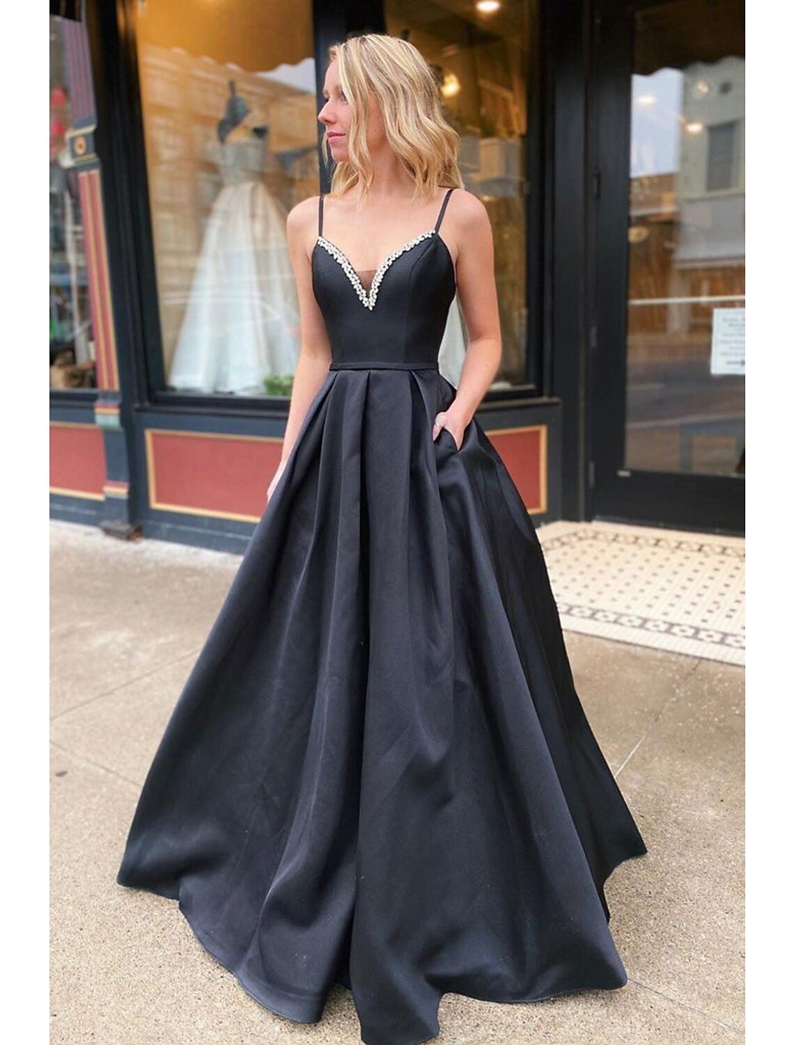 wholesale  A-Line Prom Dresses Open Back Dress Formal Wedding Guest Floor Length Sleeveless V Neck Pocket Stretch Satin Backless with Pleats Beading Pocket