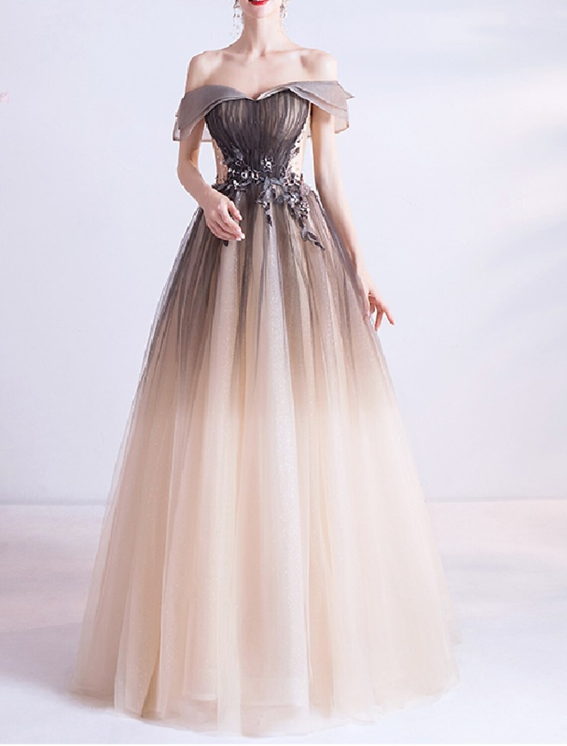 Wholesa  Ball Gown Princess Cute Prom Dress Off Shoulder Sleeveless Floor Length Tulle with Crystals Appliques