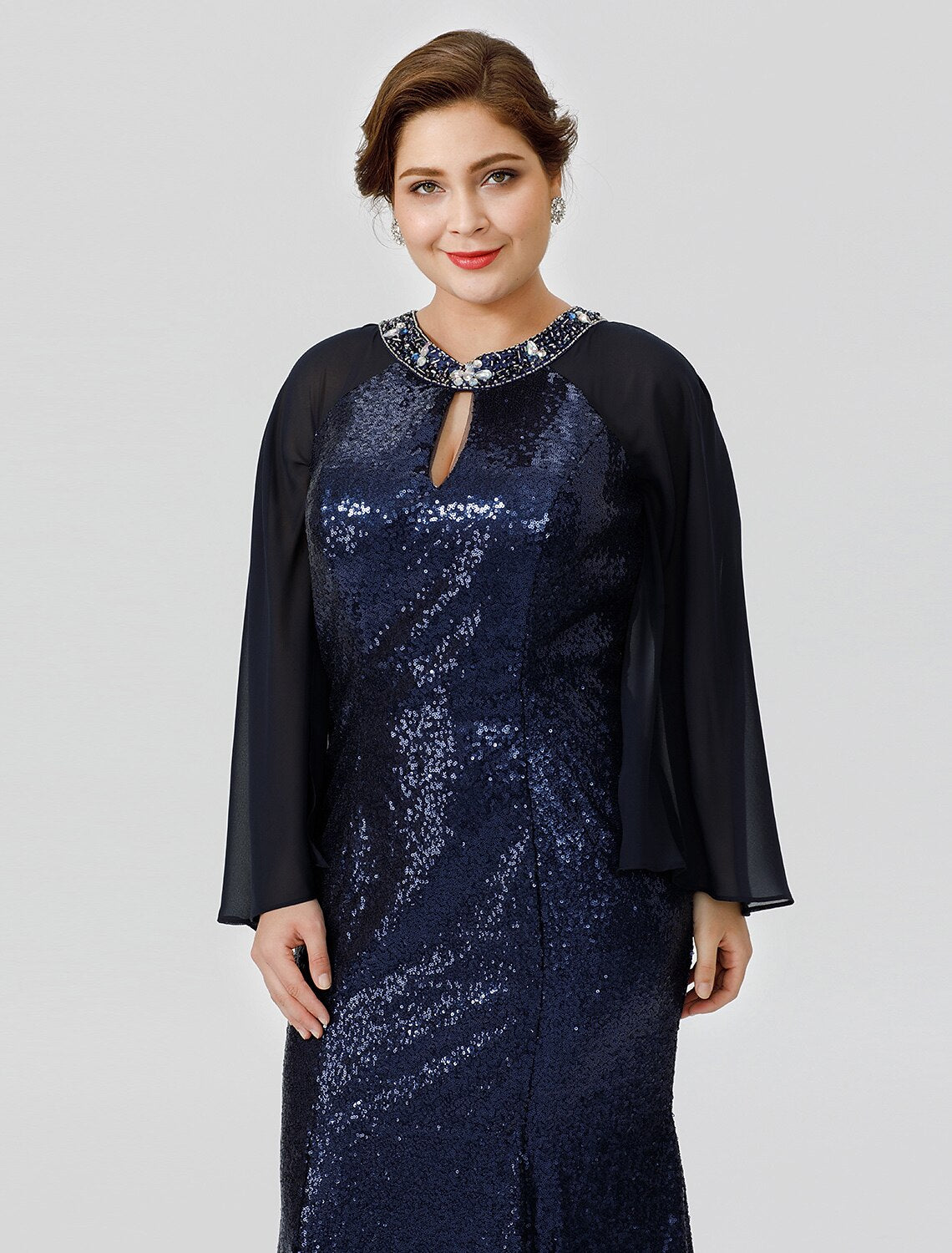 wholesale  Mermaid / Trumpet Mother of the Bride Dress Formal Chic & Modern Glamorous & Dramatic Plus Size Jewel Neck Floor Length Chiffon Sequined 3/4 Length Sleeve No with Crystals Beading