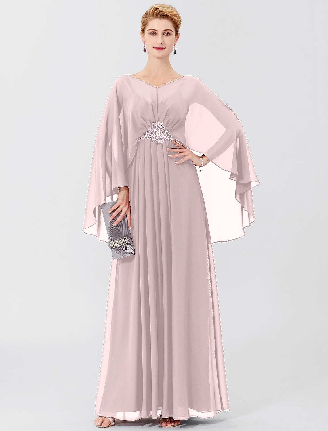 wholesale  Sheath / Column Mother of the Bride Dress Formal Classic & Timeless Elegant & Luxurious Elegant V Neck Floor Length Chiffon Long Sleeve with Pleats Beading