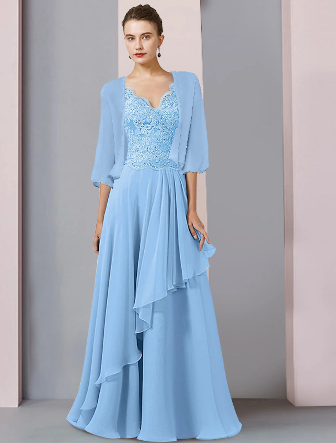 wholesale   Two Piece A-Line Mother of the Bride Dress Formal Wedding Guest Party Elegant V Neck Floor Length Chiffon Lace Half Sleeve Wrap Included with Beading Sequin Appliques