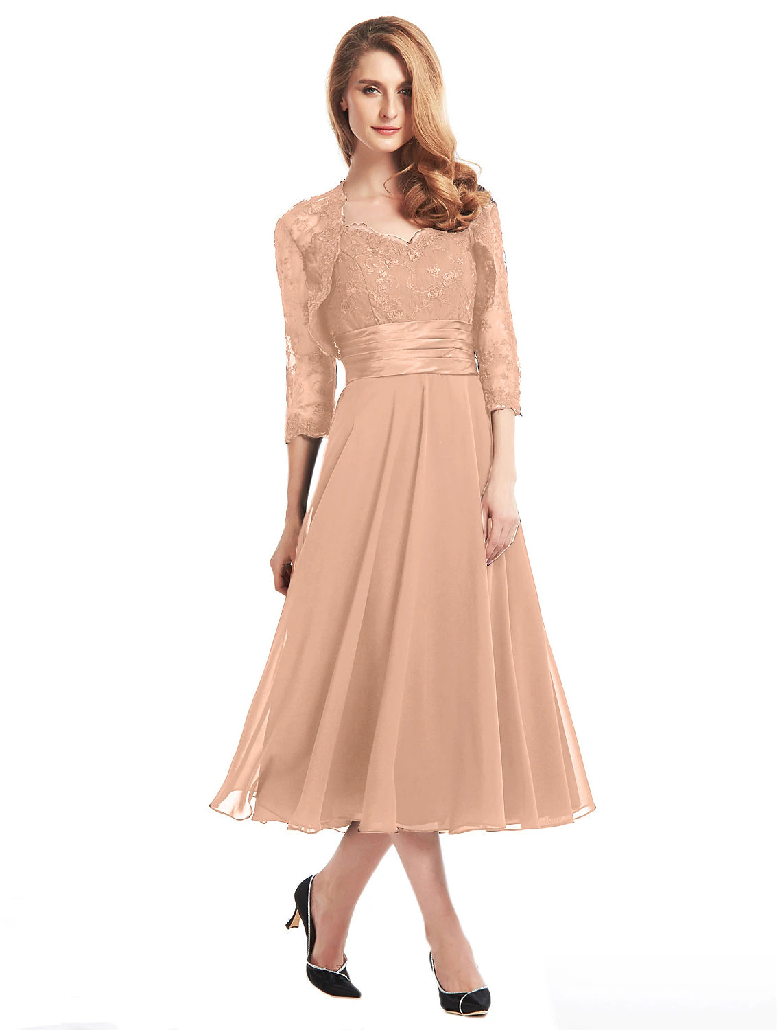 wholesale  A-Line Mother of the Bride Dress Convertible Dress V Neck Tea Length Chiffon Corded Lace Sleeveless with Lace Pleats Appliques