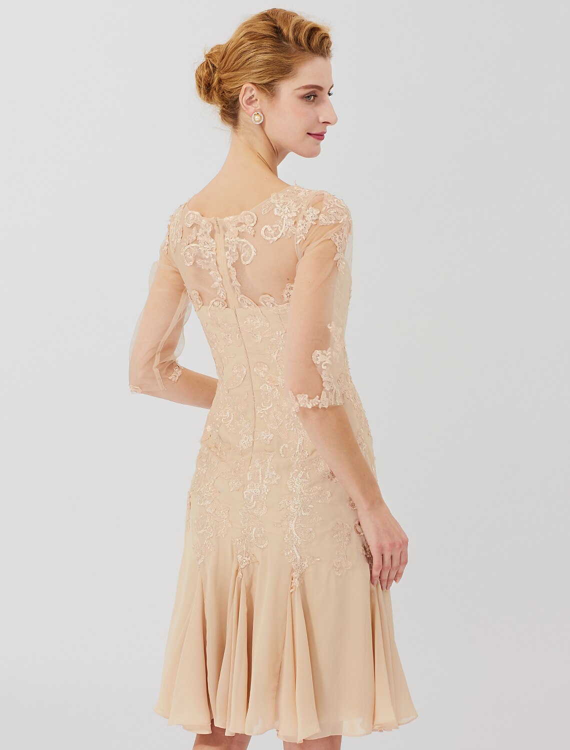 wholesale  Sheath / Column Mother of the Bride Dress Classic & Timeless Elegant & Luxurious Beautiful Back Illusion Neck Knee Length Chiffon All Over Lace Half Sleeve with Appliques