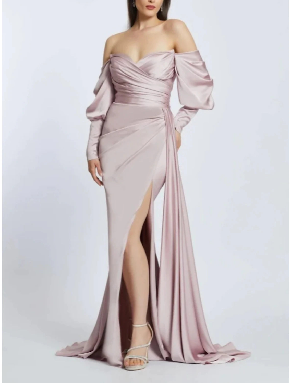 Wholesa A-Line Evening Gown High Split Dress Formal Sweep / Brush Train Long Sleeve Off Shoulder Satin with Pleats Ruched Slit