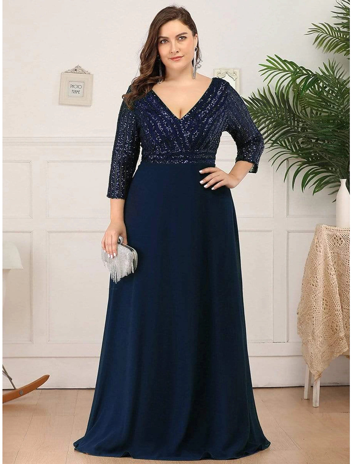 wholesa A-Line Evening Gown Plus Size Dress Wedding Guest Black Tie Floor Length 3/4 Length Sleeve V Neck Chiffon V Back with Sequin