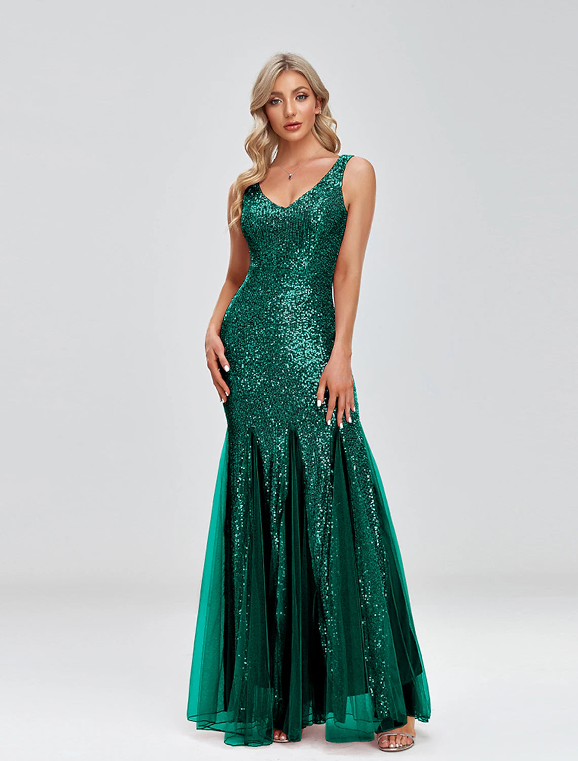 Wholesa Mermaid / Trumpet Evening Gown Sparkle Dress Wedding Guest Formal Evening Floor Length Sleeveless V Neck Tulle V Back with Sequin Splicing