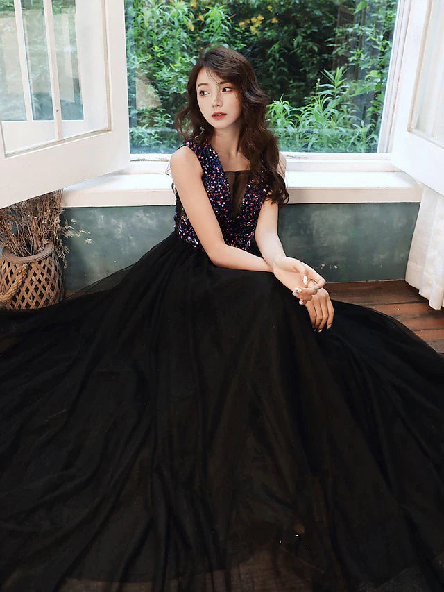 Wholesa A-Line Glittering Minimalist Wedding Guest Prom Dress V Neck Sleeveless Floor Length Sequined with Sequin