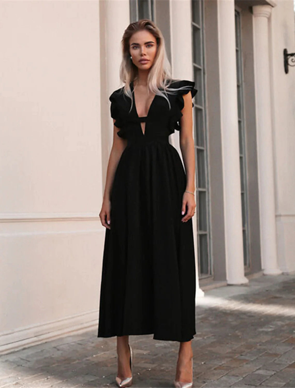 Wholesa A-Line Princess Cute Wedding Guest Prom Dress V Neck Sleeveless Tea Length Stretch Fabric with Ruffles Pure Color