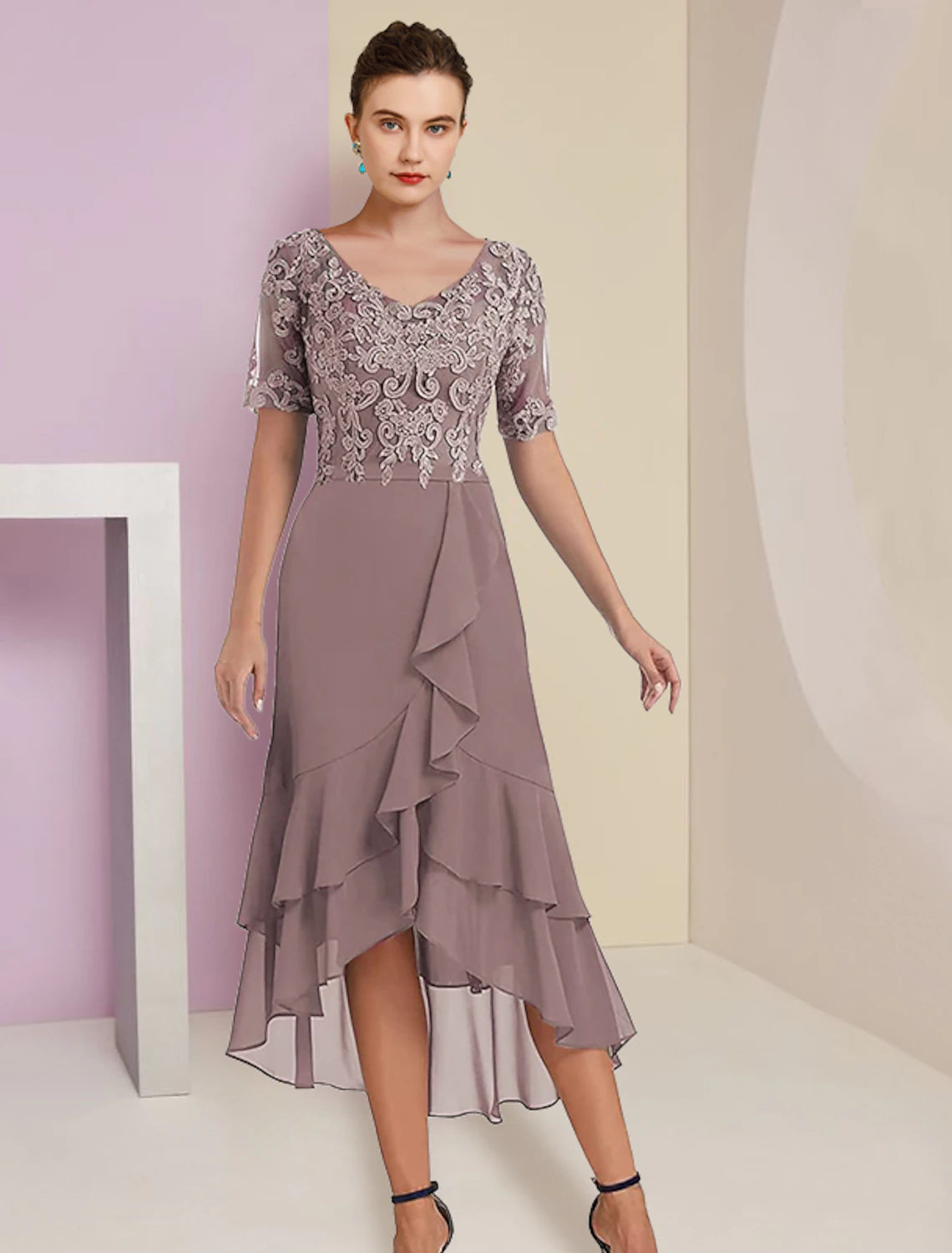 wholesale  Two Piece A-Line Mother of the Bride Dress Formal Fall Wedding Guest Elegant High Low V Neck Asymmetrical Tea Length Chiffon Lace Short Sleeve 3/4 Length Sleeve Wrap Included with Appliques